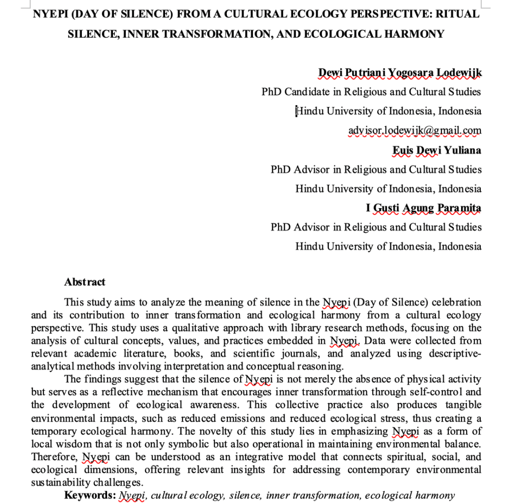 NYEPI (DAY OF SILENCE) FROM A CULTURAL ECOLOGY PERSPECTIVE: RITUAL SILENCE, INNER TRANSFORMATION, AND ECOLOGICAL HARMONY