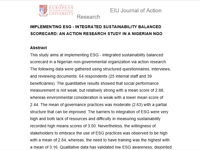 IMPLEMENTING ESG - INTEGRATED SUSTAINABILITY BALANCED SCORECARD: AN ACTION RESEARCH STUDY IN A NIGERIAN NGO