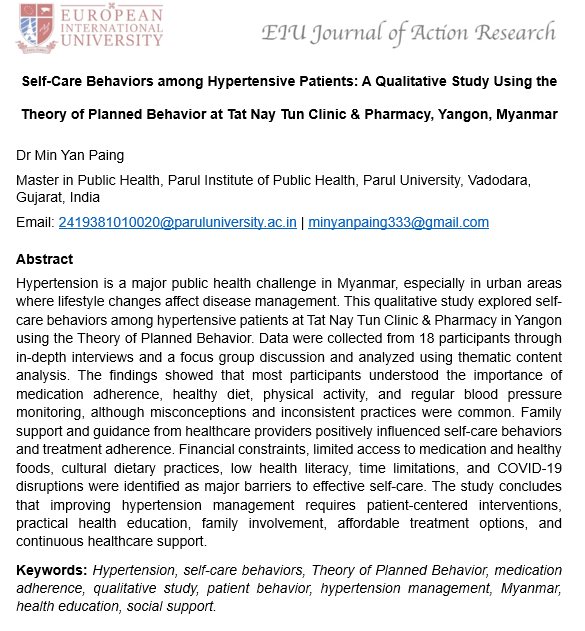 Self-Care Behaviors among Hypertensive Patients : A Qualitative Study Using the Theory of Planned Behavior at Tat Nay Tun Clinic & Pharmacy, Yangon, Myanmar